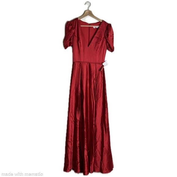 Ieena Mac Duggal Puff Sleeve Satin A-Line Gown dress in red size 2 - Picture 2 of 13